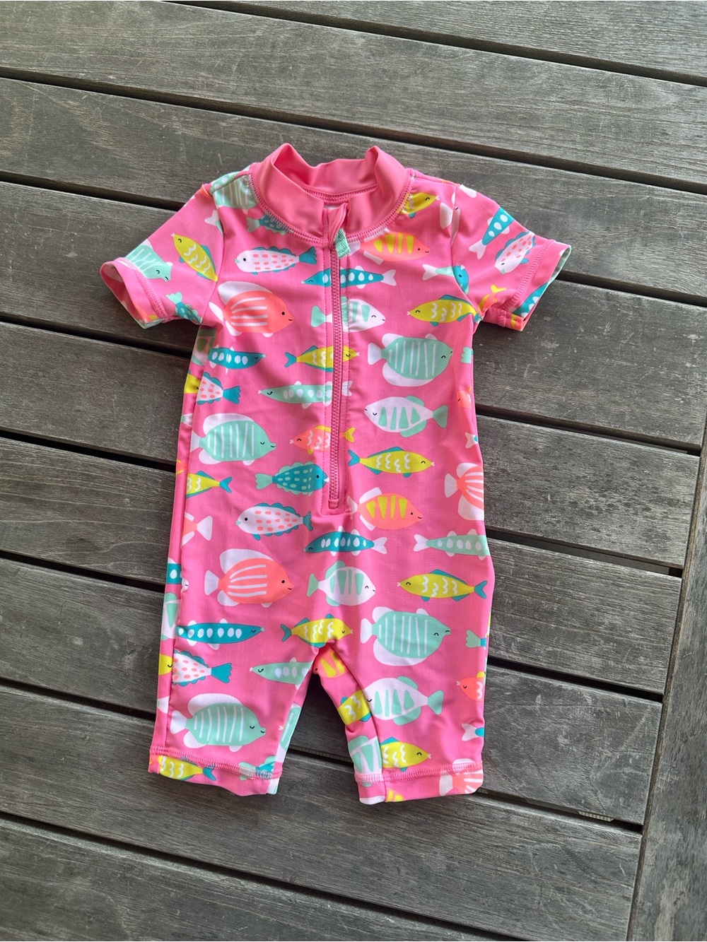 Carter's Pink Short-Sleeve One-Piece Swimsuit with Multicolor Fish